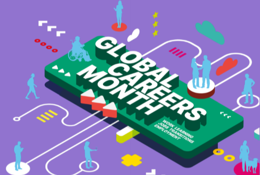 Ilustración oficial de Global Careers Month: personas conectadas en torno al aprendizaje y al trabajo